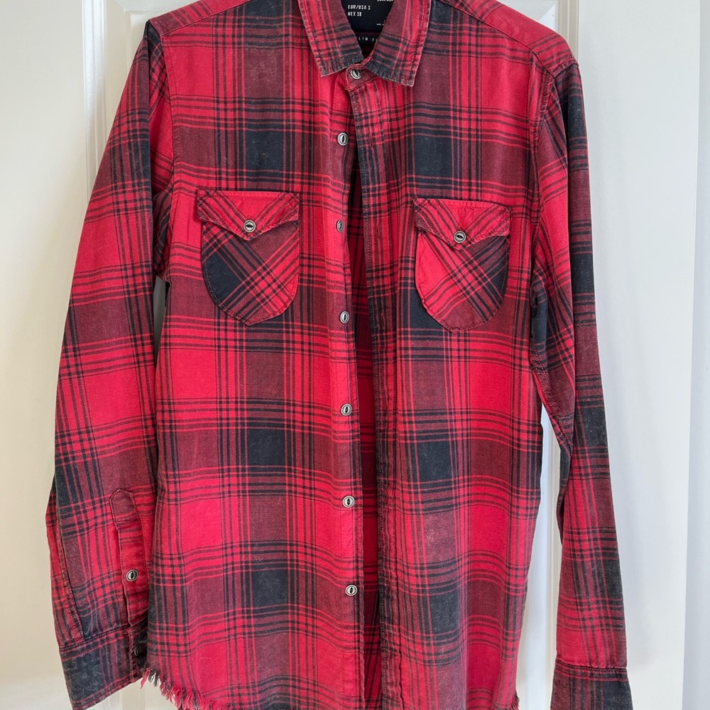 Zara Red and Black Casual Button Down Shirt